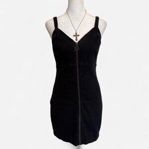 Garage Black Zip Front Bodycon Mini Dress XS | Fitted Stretch Denim Y2K